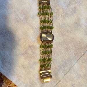 Gold and Green Beaded Bracelet Watch